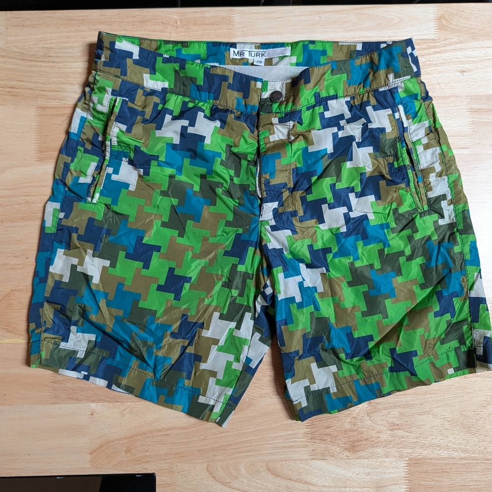Mr. Turk Geometric Green & Blue Swim Shorts Small 28